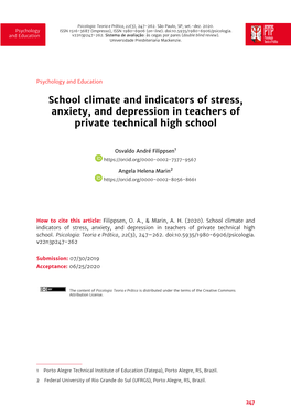 School Climate and Indicators of Stress, Anxiety, and Depression in Teachers of Private Technical High School