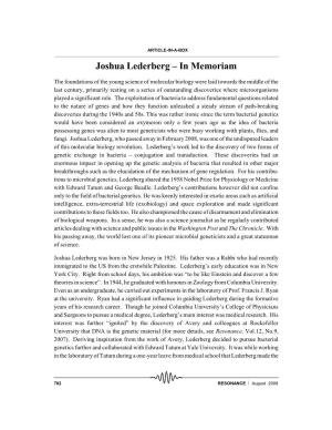 Joshua Lederberg – in Memoriam