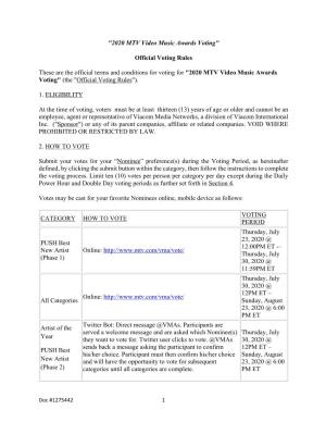 "2020 MTV Video Music Awards Voting" Official Voting Rules These Are the Official Terms and Conditions for Voting