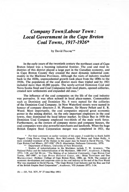 Local Government in the Cape Breton Coal Towns, 1917-1926*