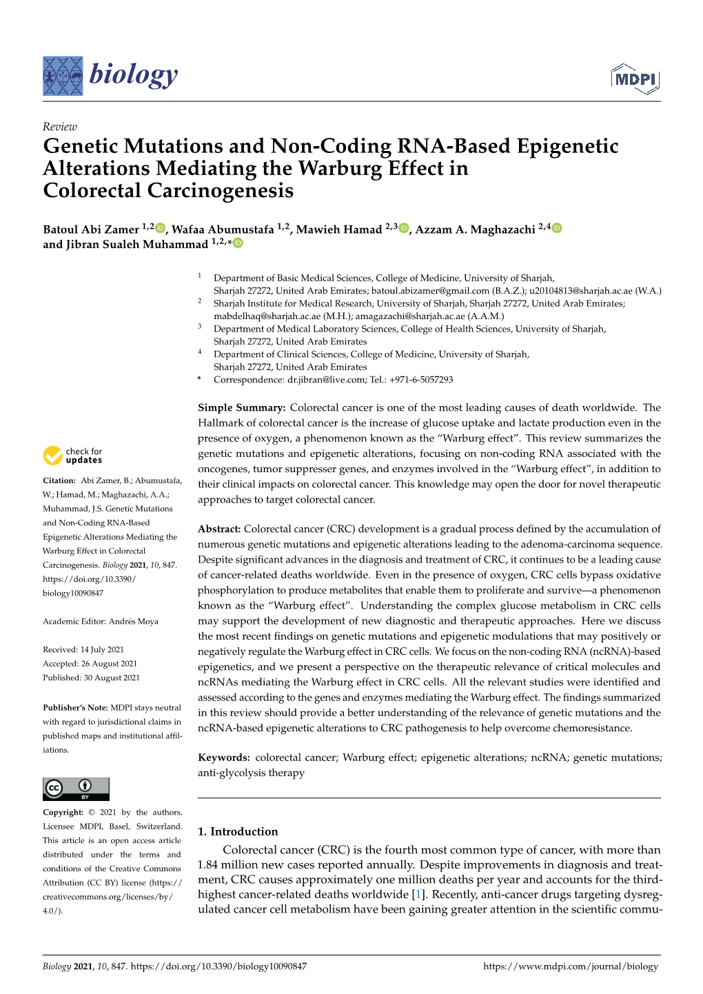 Genetic Mutations and Non-Coding RNA-Based Epigenetic Alterations Mediating the Warburg Effect in Colorectal Carcinogenesis