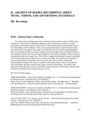 Ii. Archive of Books, Recordings, Sheet Music, Videos, and Advertising Materials