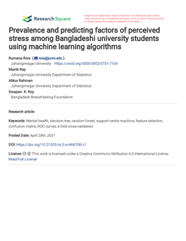 1 Original Research Article Prevalence and Predicting Factors of Perceived Stress Among Bangladeshi University Students Using Ma