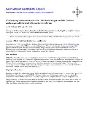 Evolution of the Southeastern San Luis Basin Margin and the Culebra Embayment, Rio Grande Rift, Southern Colorado A