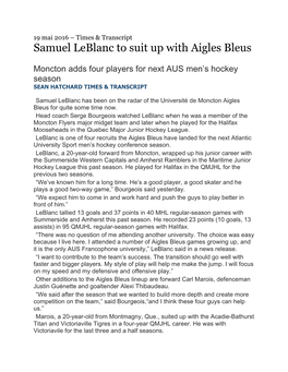 Samuel Leblanc to Suit up with Aigles Bleus