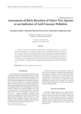 Assessment of Bark Reaction of Select Tree Species As an Indicator of Acid Gaseous Pollution