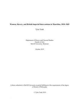 Women, Slavery, and British Imperial Interventions in Mauritius, 1810–1845