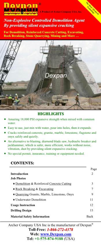 Dexpan Non-Explosive Demolition Agent for Demolition, Concrete Cutting, Rock Breaking, Quarrying, Mining. Alternative to Blastin