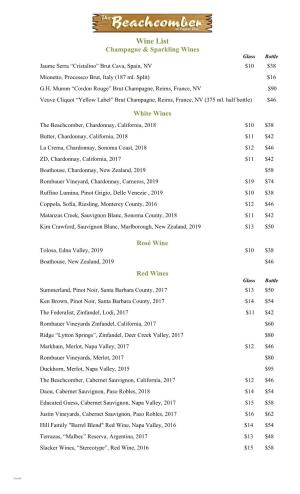 Wine List Champagne & Sparkling Wines Glass Bottle Jaume Serra “Cristalino” Brut Cava, Spain, NV $10 $38
