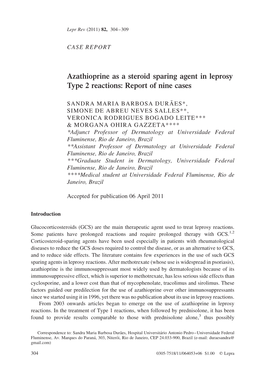 Azathioprine As a Steroid Sparing Agent in Leprosy Type 2 Reactions: Report of Nine Cases