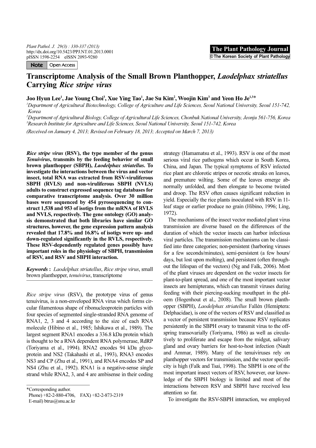 Transcriptome Analysis of the Small Brown Planthopper, Laodelphax Striatellus Carrying Rice Stripe Virus