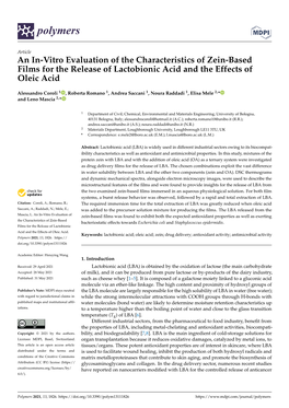 An In-Vitro Evaluation of the Characteristics of Zein-Based Films for the Release of Lactobionic Acid and the Effects of Oleic Acid