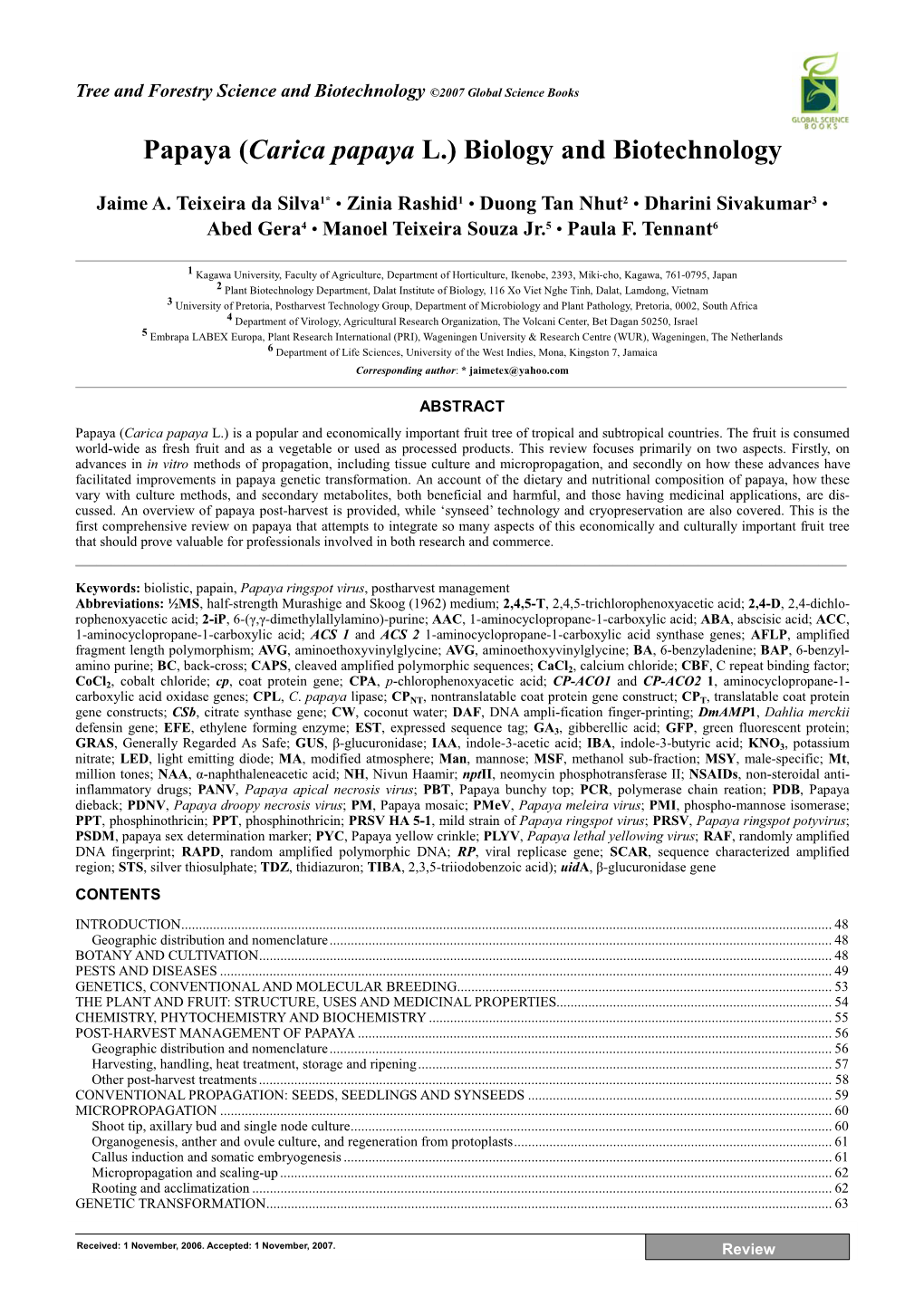 (Carica Papaya L.) Biology and Biotechnology