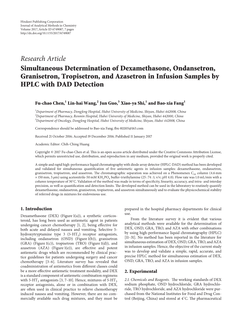 Simultaneous Determination of Dexamethasone, Ondansetron, Granisetron, Tropisetron, and Azasetron in Infusion Samples by HPLC with DAD Detection