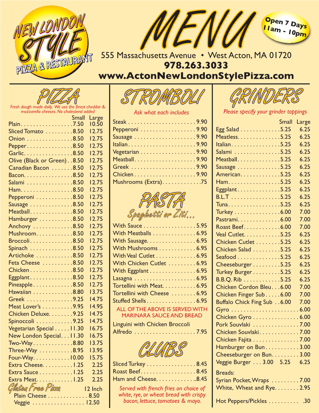 Pizza Stromboli Clubs Pasta Grinders