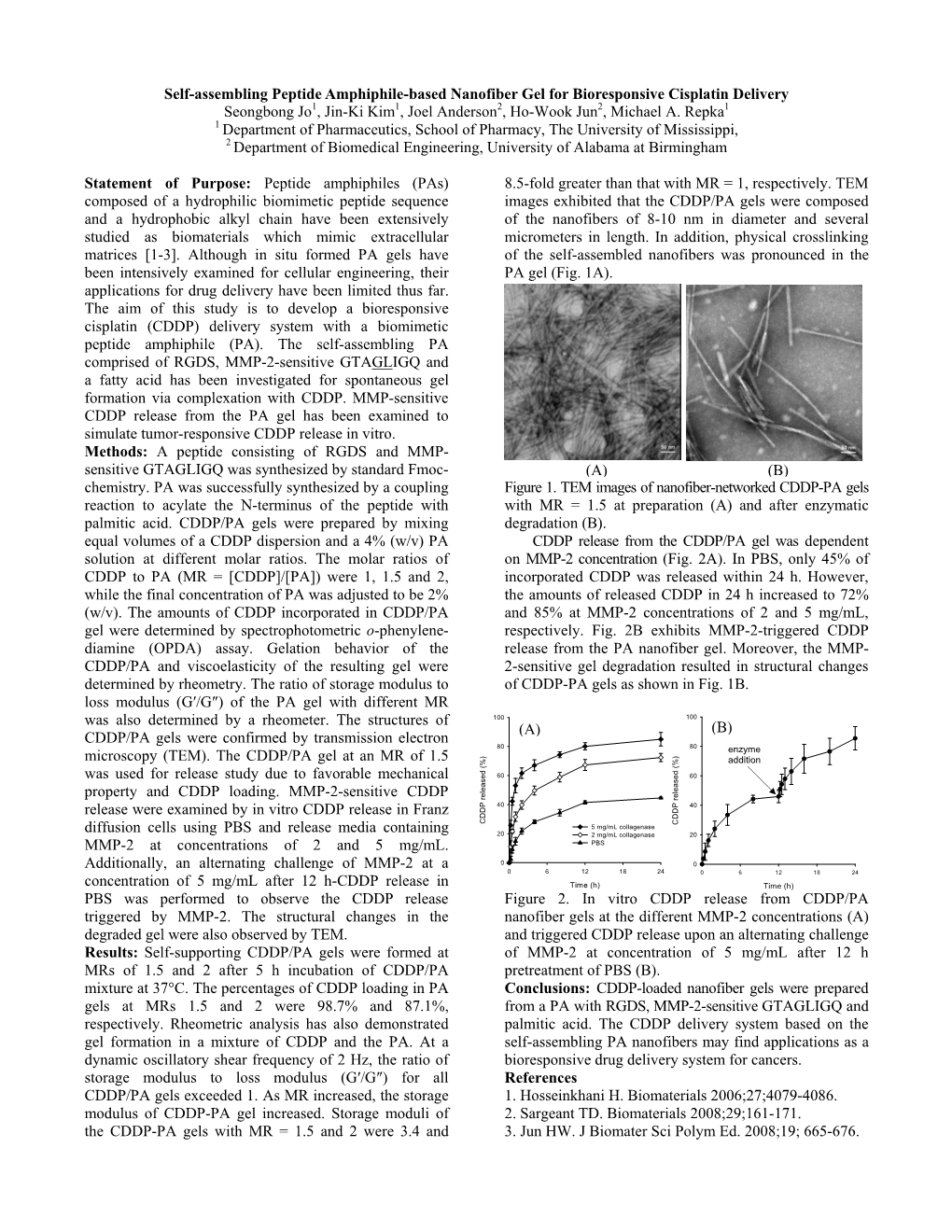 2009: Self-Assembling Peptide Amphiphile-Based Nanofiber Gel for Bioresponsive Cisplatin Delivery