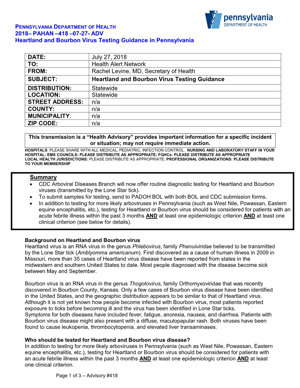 ADV Heartland and Bourbon Virus Testing Guidance in Pennsylvania