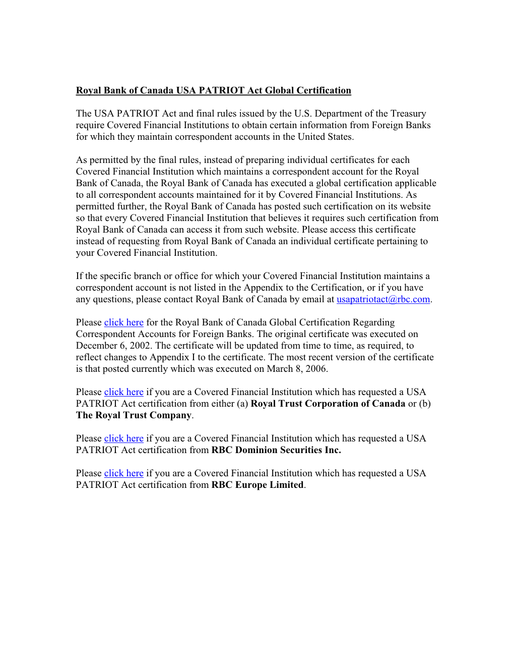 Royal Bank of Canada USA PATRIOT Act Global Certification the USA
