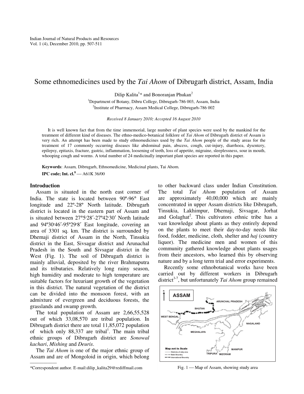 Some Ethnomedicines Used by the Tai Ahom of Dibrugarh District, Assam, India