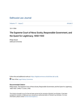 The Supreme Court of Nova Scotia, Responsible Government, and the Quest for Legitimacy, 1850-1920