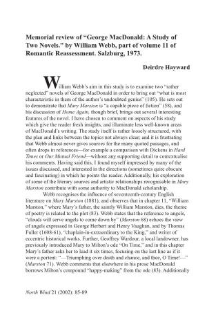 Memorial Review of “George Macdonald: a Study of Two Novels.” by William Webb, Part of Volume 11 of Romantic Reassessment