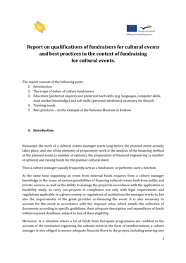 Report on Qualifications of Fundraisers for Cultural Events and Best Practices in the Context of Fundraising for Cultural Events