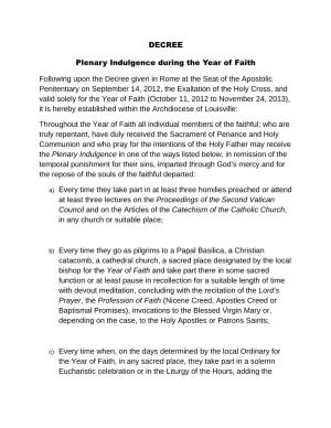 DECREE Plenary Indulgence During the Year of Faith Following Upon