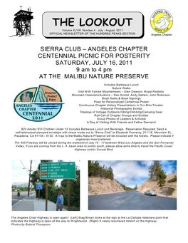 THE LOOKOUT Volume XLVIII Number 4 July - August 2011 OFFICIAL NEWSLETTER of the HUNDRED PEAKS SECTION Angeles Chapter