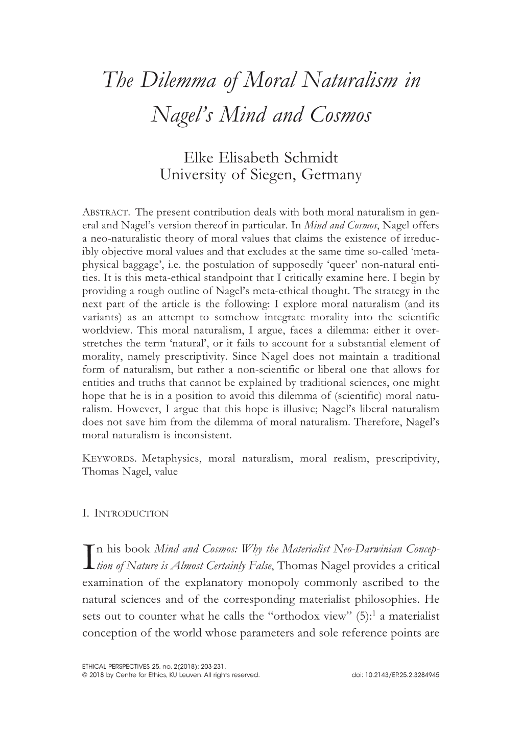 The Dilemma of Moral Naturalism in Nagel's Mind and Cosmos