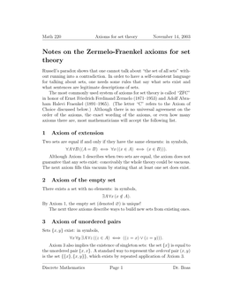 Notes on the Zermelo-Fraenkel Axioms for Set Theory