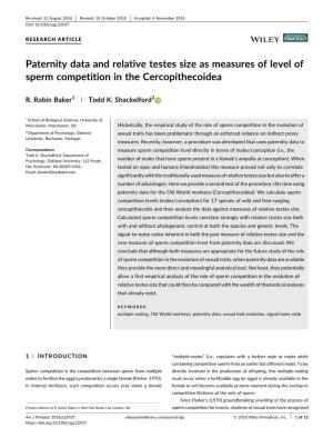 Paternity Data and Relative Testes Size As Measures of Level of Sperm Competition in the Cercopithecoidea
