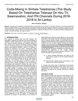 Code-Mixing in Sinhala Teledramas (The Study Based on Teledramas Telecast on Hiru TV, Swarnavahini, and ITN Channels During 2016- 2018 in Sri Lanka)