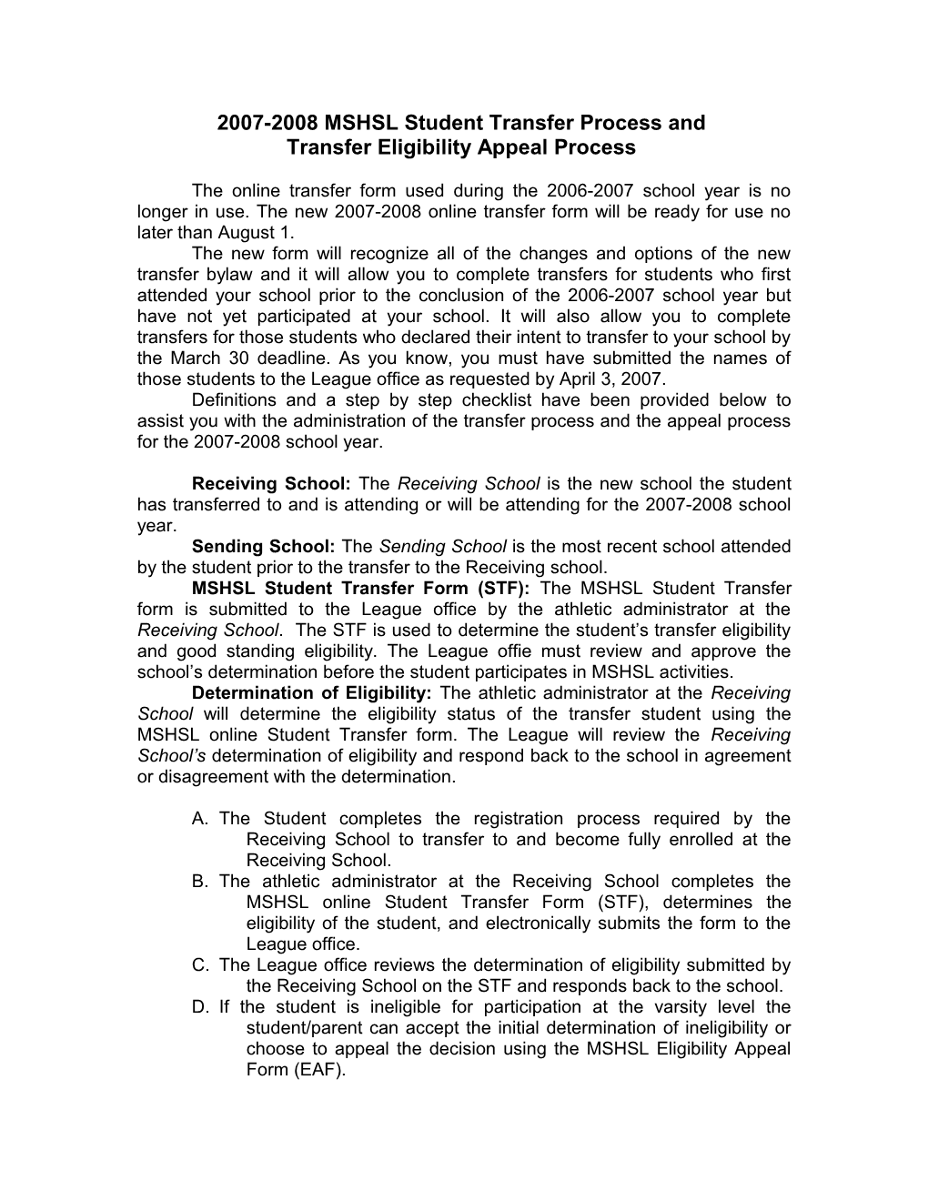 2007-2008 MSHSL Student Transfer Process And