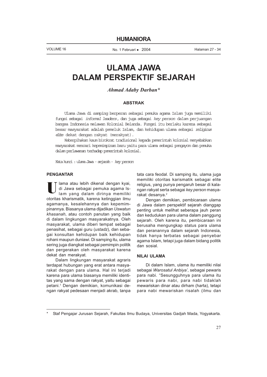 Ulama Jawa Dalam Perspektif Sejarah VOLUME 16 No