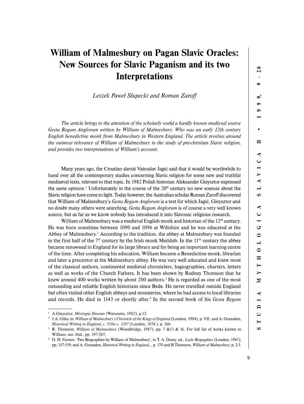 William of Malmesbury on Pagan Slavic Oracles: New Sources for Slavic Paganism and Its Two Interpretations