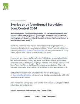 Sverige En Av Favoriterna I Eurovision Song Contest 2014