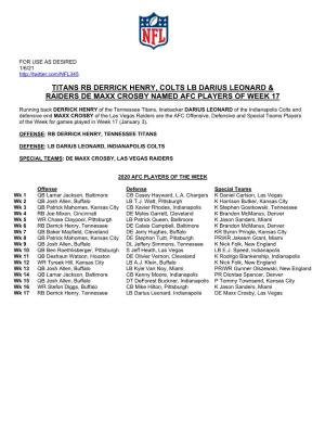 Titans Rb Derrick Henry, Colts Lb Darius Leonard & Raiders De Maxx Crosby Named Afc Players of Week 17