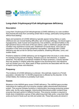 Long-Chain 3-Hydroxyacyl-Coa Dehydrogenase Deficiency