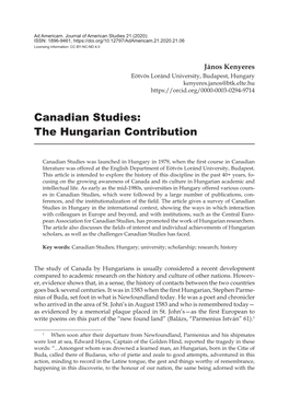 Canadian Studies: the Hungarian Contribution