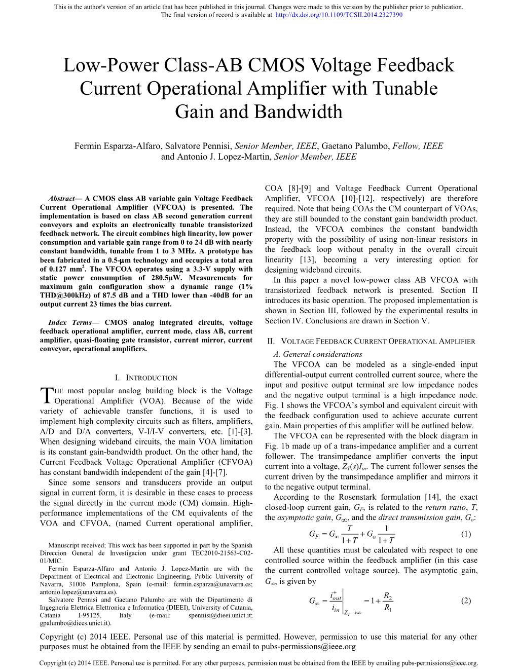 Low-Power Class-AB CMOS Voltage Feedback Current Operational Amplifier with Tunable Gain and Bandwidth