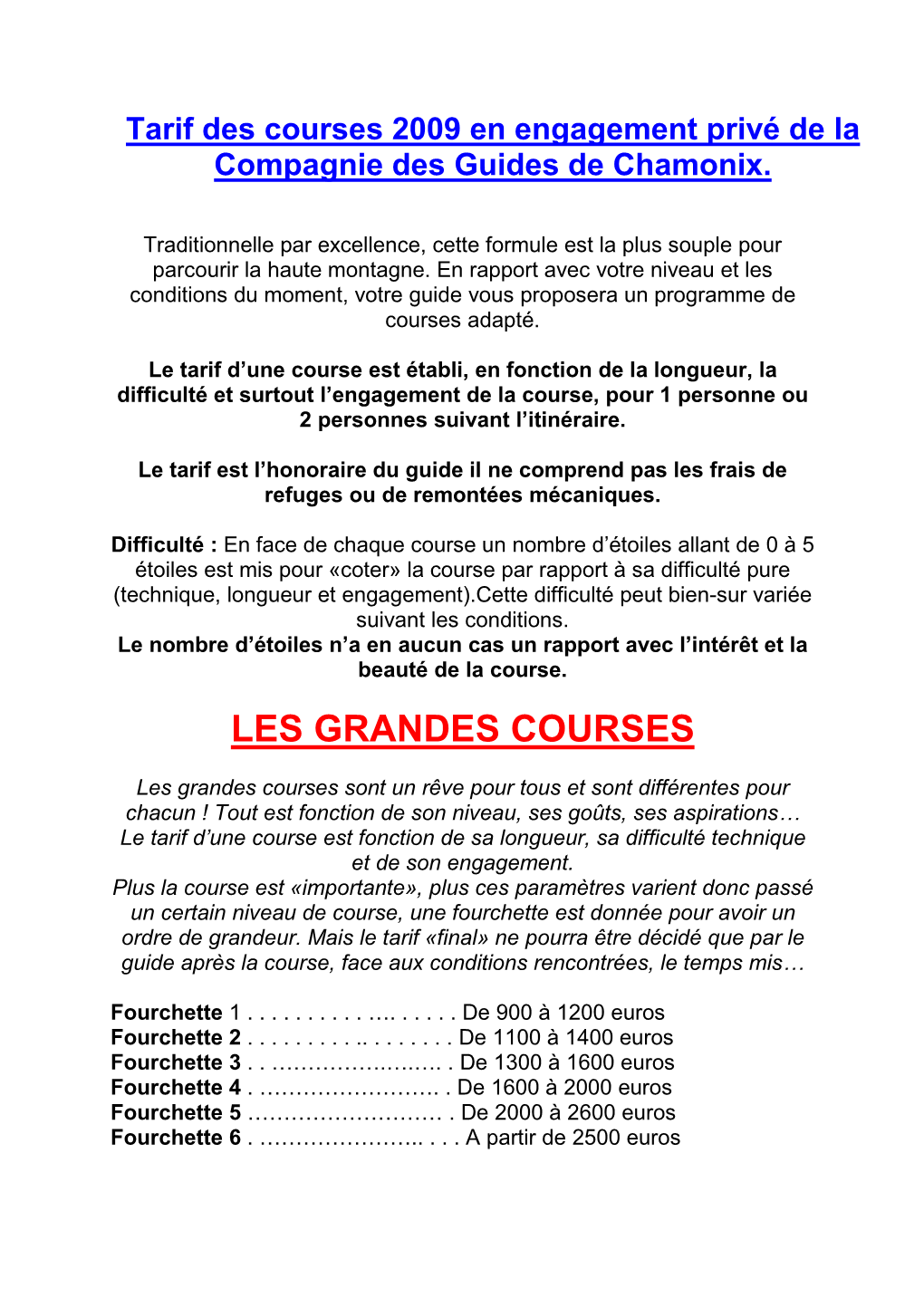 TARIF Des Courses 2009 Pour