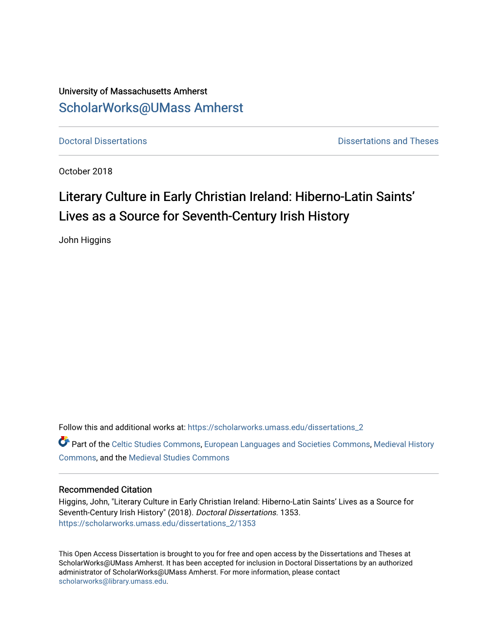 Literary Culture in Early Christian Ireland: Hiberno-Latin Saints' Lives