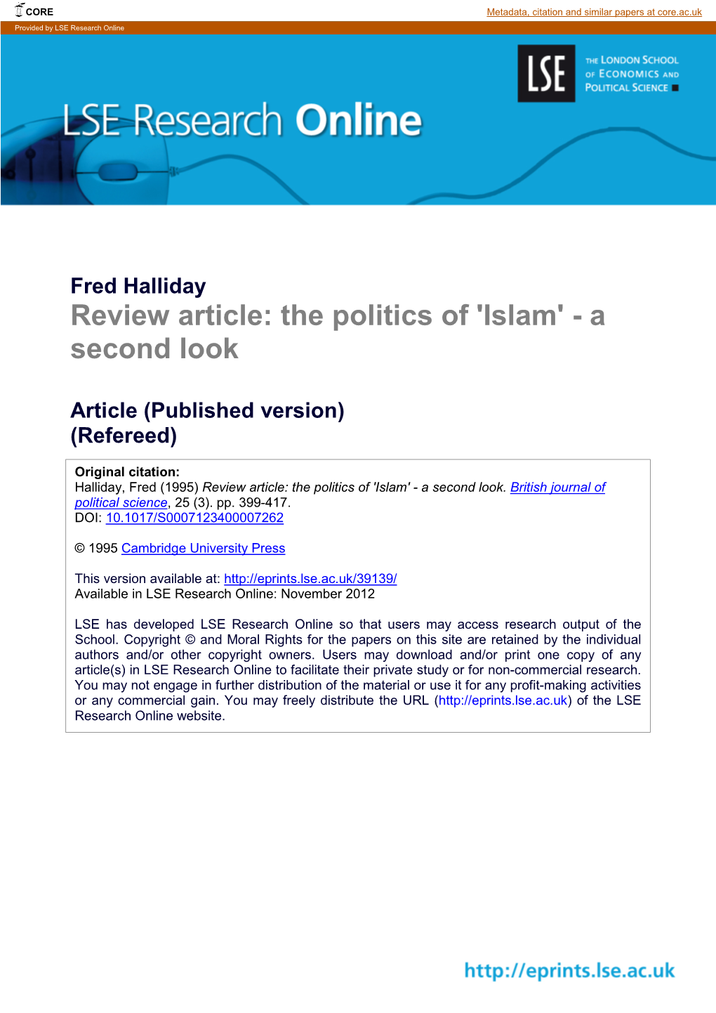 Review Article: the Politics of 'Islam' - a Second Look