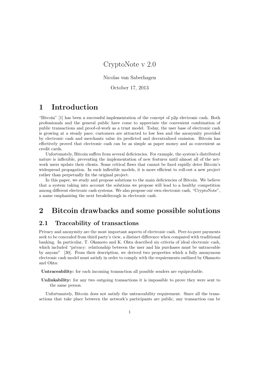 Cryptonote V 2.0 1 Introduction 2 Bitcoin Drawbacks and Some