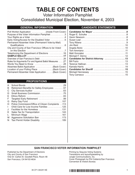 TABLE of CONTENTS Voter Information Pamphlet Consolidated Municipal Election, November 4, 2003