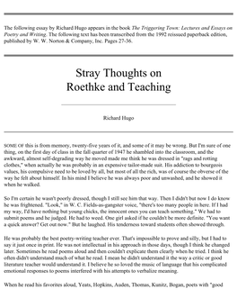 "Stray Thoughts on Roethke and Teaching" by Richard Hugo
