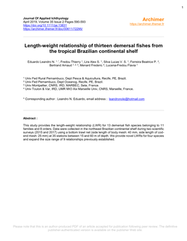 Length–Weight Relationship of Thirteen Demersal Fishes from the Tropical Brazilian Continental Shelf DOI: 10.1111/Jai.13831