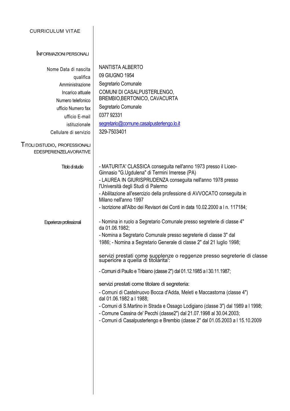 Curriculum Vitae Segretario Comunale