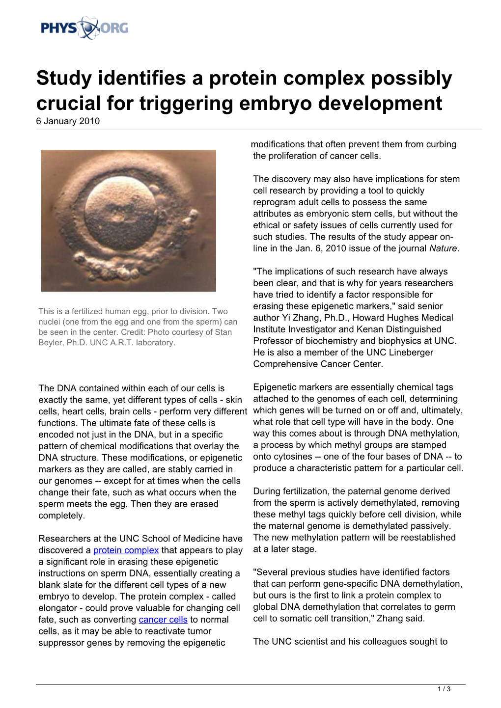 Study Identifies a Protein Complex Possibly Crucial for Triggering Embryo Development 6 January 2010