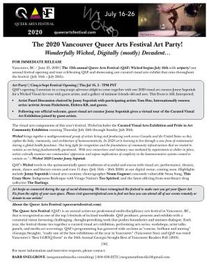 The 2020 Vancouver Queer Arts Festival Art Party! Wonderfully Wicked, Digitally (Mostly) Decadent…